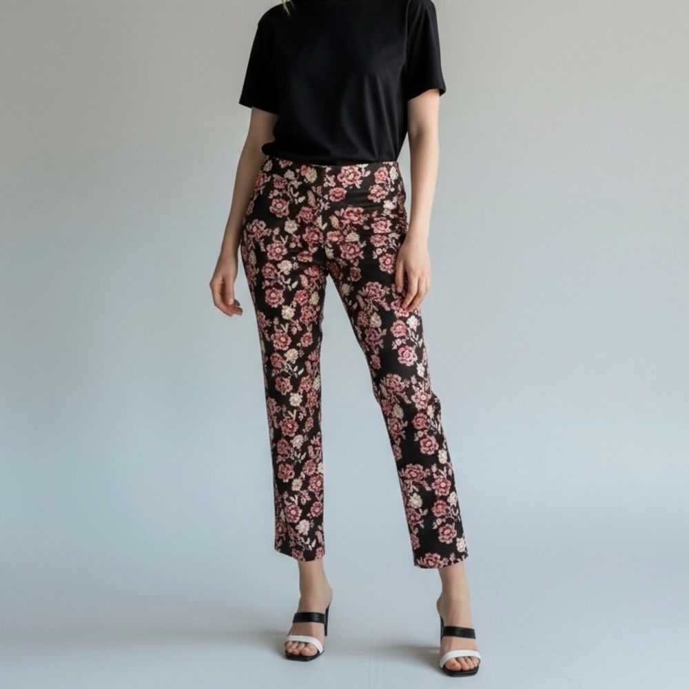 Ann Taylor Floral Dress Pants Black Red Roses Size 4